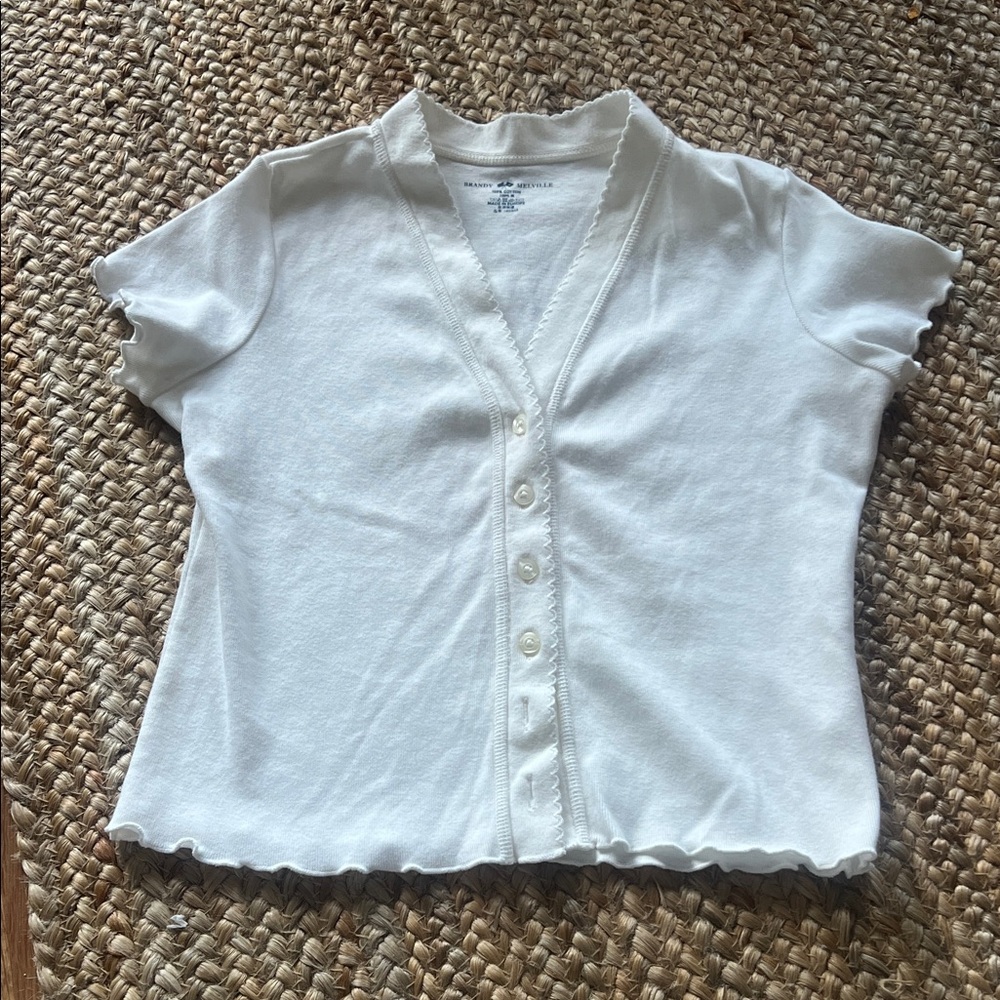 Brandy Melville White Ruffle-Trim Button Front Top